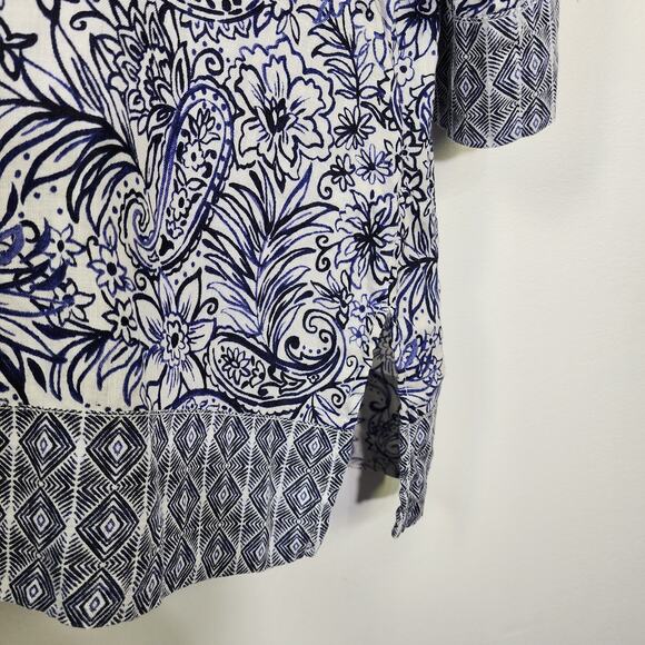 Sigrid Olsen Tunic Top Size Large Blue Floral 3/4 Sleeve 100% Linen V Neck Beach - Picture 8 of 11